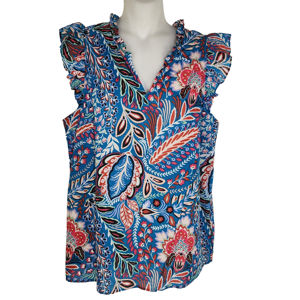 Talbots Womens Top Floral Ruffle Cotton Cap Sleeve Lightweight Popover Botanical
